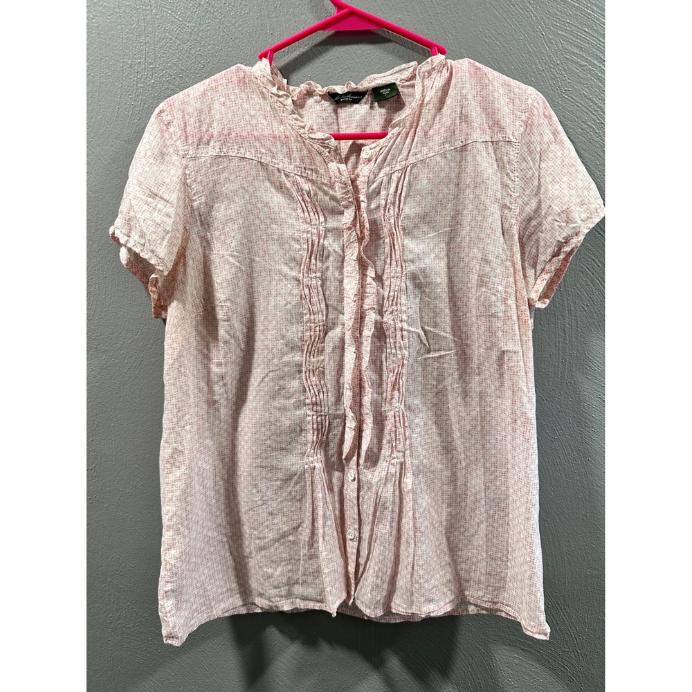 Eddie Bauer Womens Pink White Geometric Print Pintuck Ruffle Blouse Large Cotton